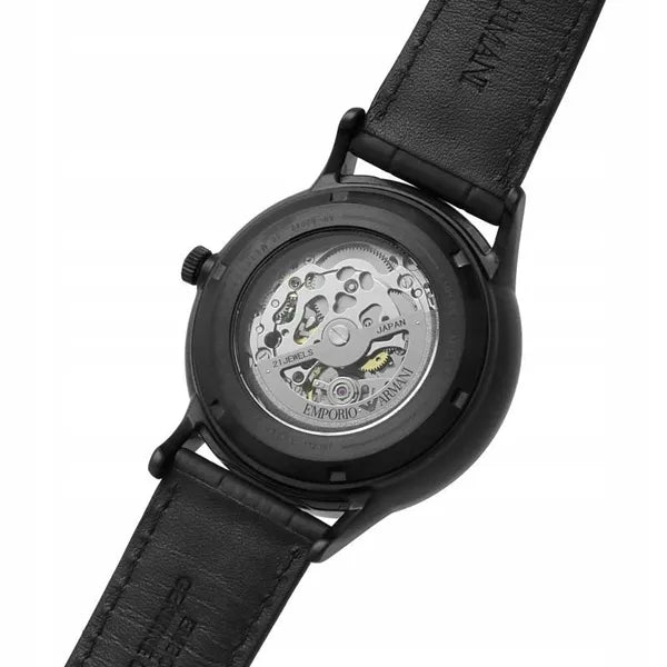 Emporio Armani AR60042 férfi automata csontvázas karóra, fekete bőrszíj, 43 mm