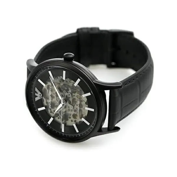 Emporio Armani AR60042 férfi automata csontvázas karóra, fekete bőrszíj, 43 mm