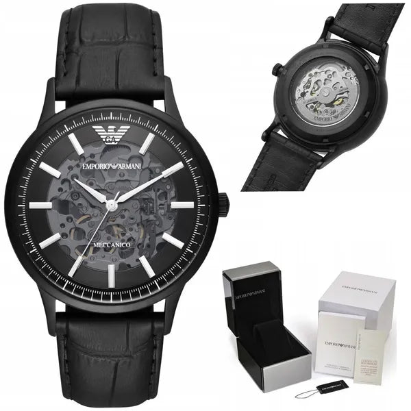 Emporio Armani AR60042 férfi automata csontvázas karóra, fekete bőrszíj, 43 mm
