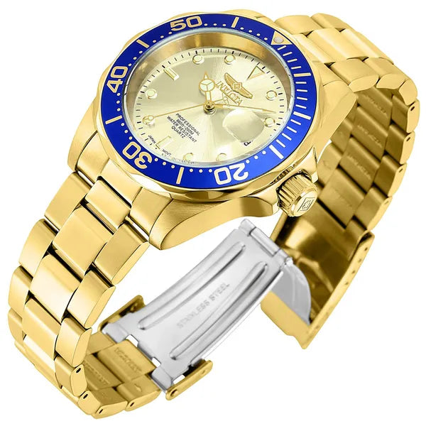 Invicta Pro Diver férfi búváróra, 40 mm, WR200, arany, kék lünetta, acél szíj