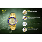 Invicta Pro Diver férfi búváróra, 40 mm, WR200, arany, kék lünetta, acél szíj