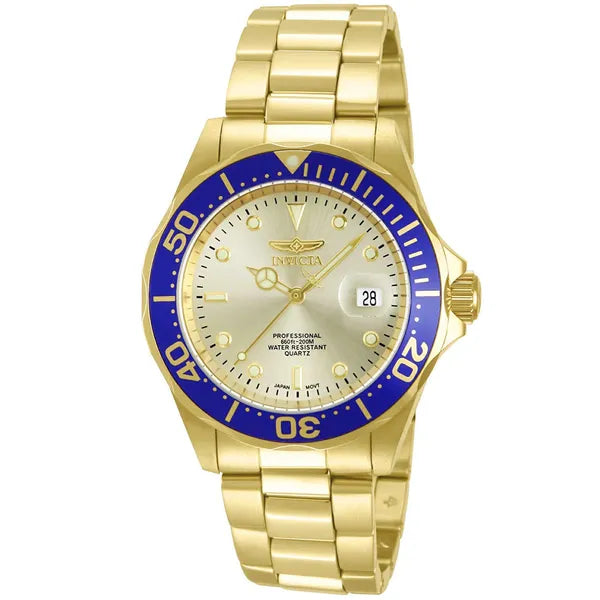 Invicta Pro Diver férfi búváróra, 40 mm, WR200, arany, kék lünetta, acél szíj
