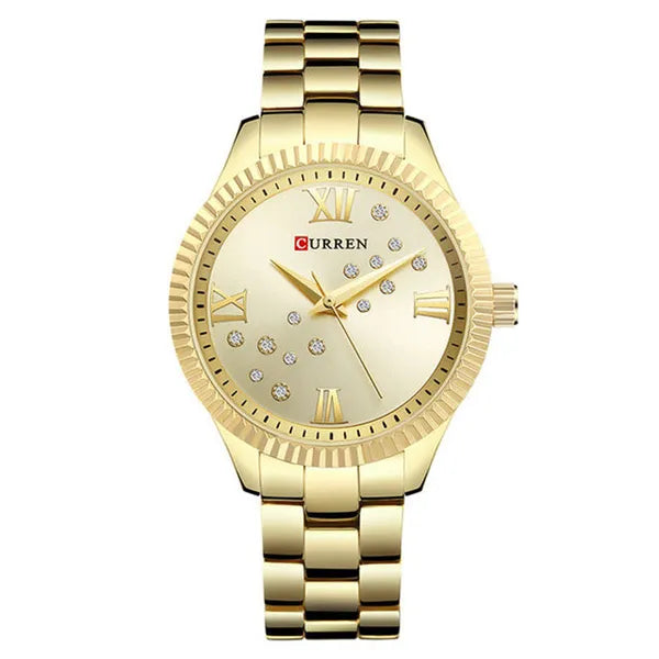 Curren 9009 női karóra, arany, kvarc, 37 mm, cirkónia, WR30, fémszíj