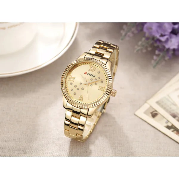 Curren 9009 női karóra, arany, kvarc, 37 mm, cirkónia, WR30, fémszíj
