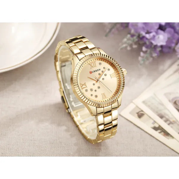 Curren 9009 női karóra, arany, kvarc, 37 mm, cirkónia, WR30, fémszíj