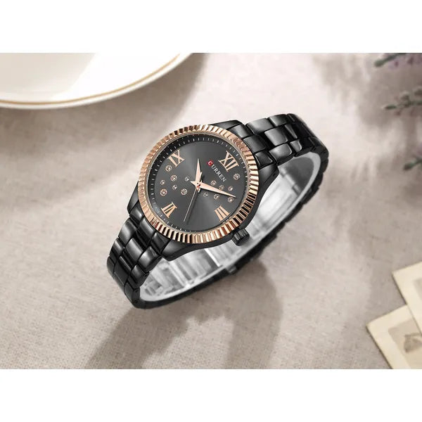 Curren 9009 női kvarc karóra, fekete/rozéarany, 37 mm, fém szíj, doboz