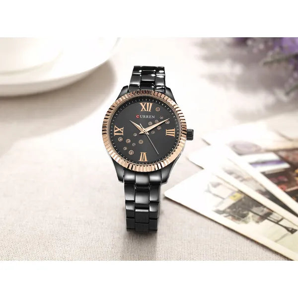 Curren 9009 női kvarc karóra, fekete/rozéarany, 37 mm, fém szíj, doboz
