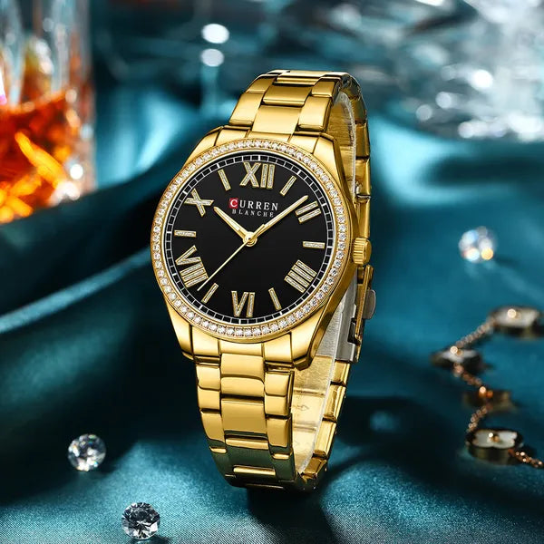 Curren 9088 női kvarc karóra, 36 mm, fekete számlap, arany fém szíjjal, dobozzal