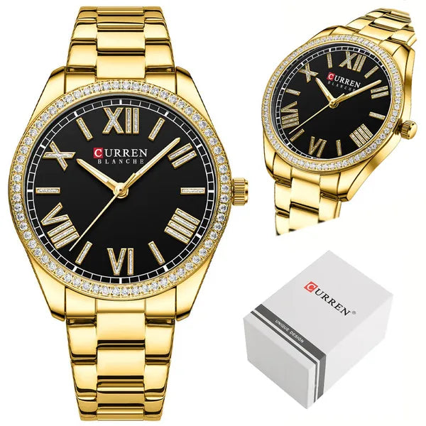 Curren 9088 női kvarc karóra, 36 mm, fekete számlap, arany fém szíjjal, dobozzal