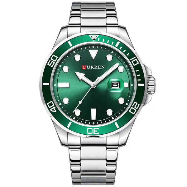Curren 8388 férfi kvarc karóra, 46 mm, zöld számlap, ezüst fémszíj, dobozzal