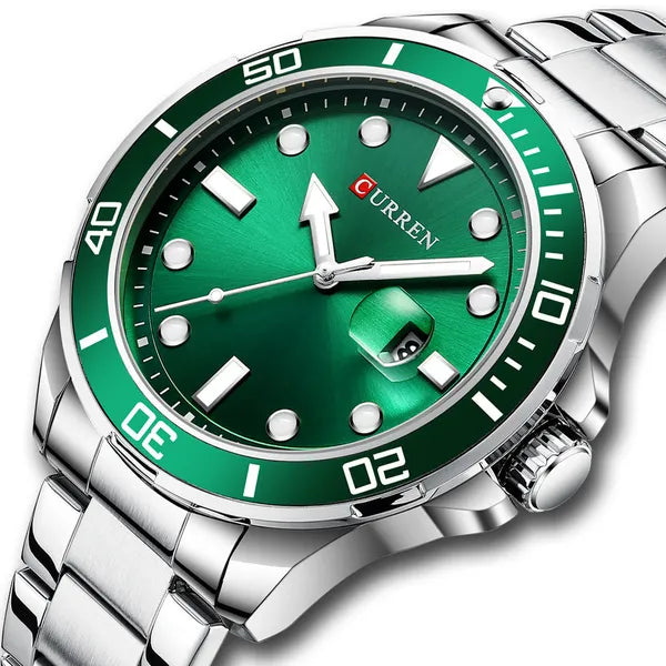 Curren 8388 férfi kvarc karóra, 46 mm, zöld számlap, ezüst fémszíj, dobozzal