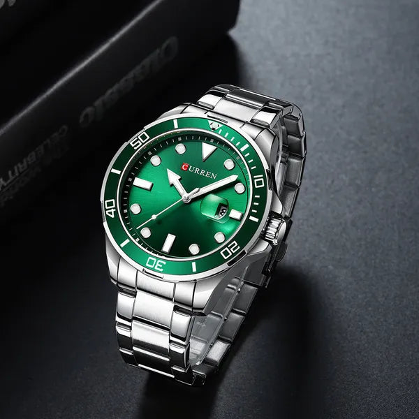 Curren 8388 férfi kvarc karóra, 46 mm, zöld számlap, ezüst fémszíj, dobozzal
