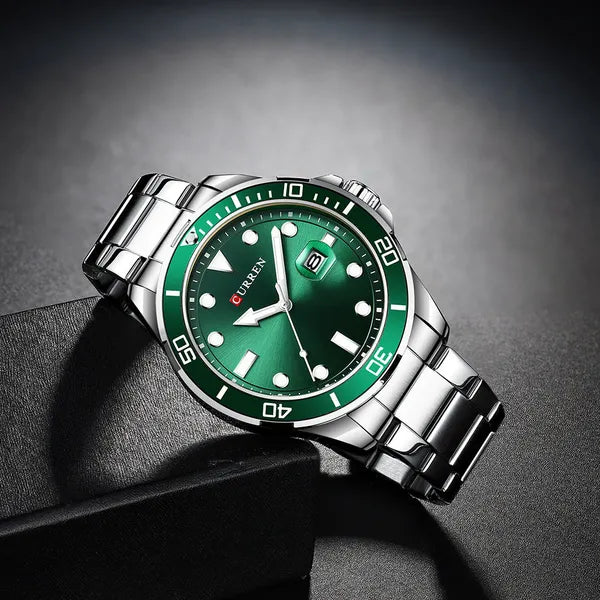 Curren 8388 férfi kvarc karóra, 46 mm, zöld számlap, ezüst fémszíj, dobozzal