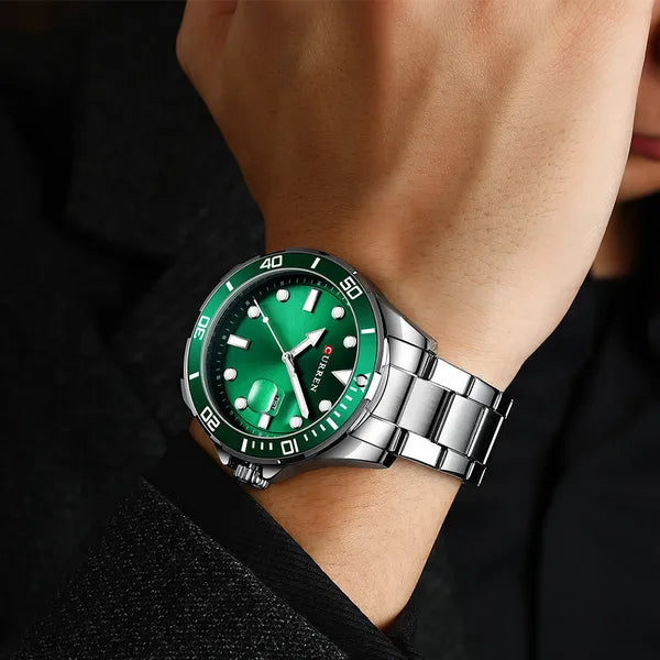 Curren 8388 férfi kvarc karóra, 46 mm, zöld számlap, ezüst fémszíj, dobozzal