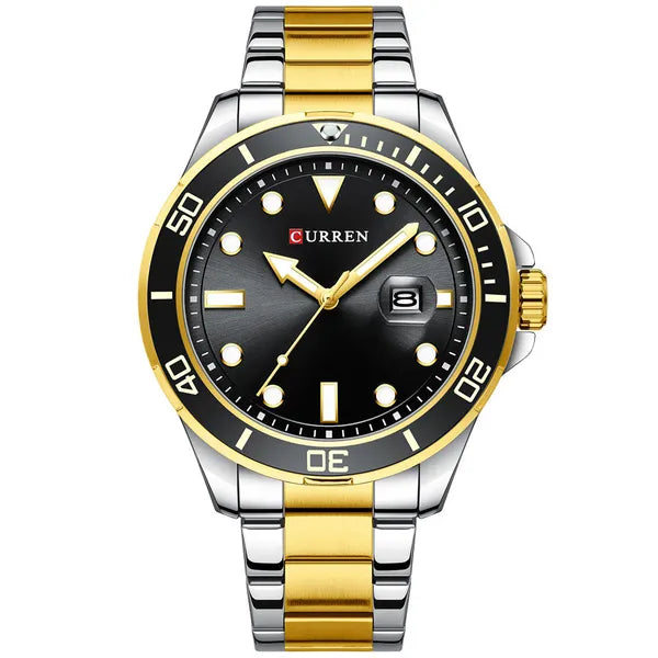 Curren 8388 férfi kvarc karóra, 46 mm, fekete számlap, ezüst‑arany szíj, dátum
