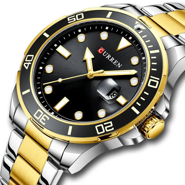 Curren 8388 férfi kvarc karóra, 46 mm, fekete számlap, ezüst‑arany szíj, dátum