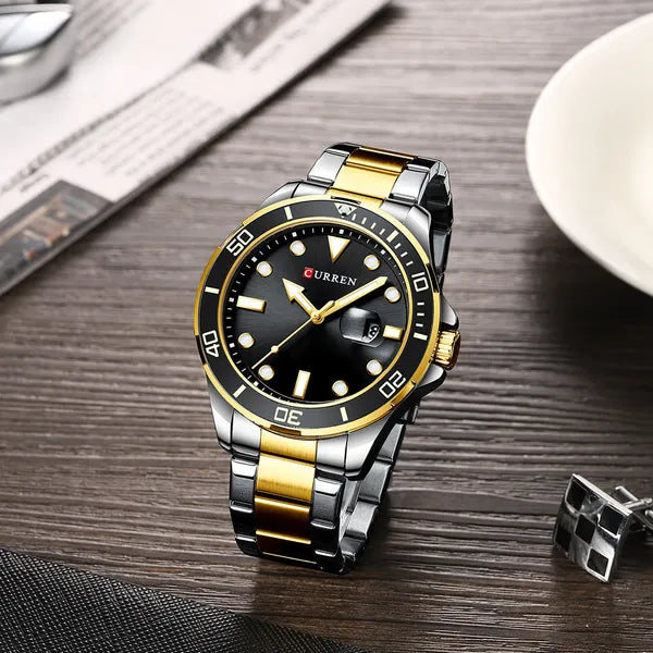 Curren 8388 férfi kvarc karóra, 46 mm, fekete számlap, ezüst‑arany szíj, dátum