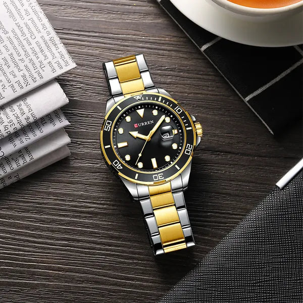 Curren 8388 férfi kvarc karóra, 46 mm, fekete számlap, ezüst‑arany szíj, dátum