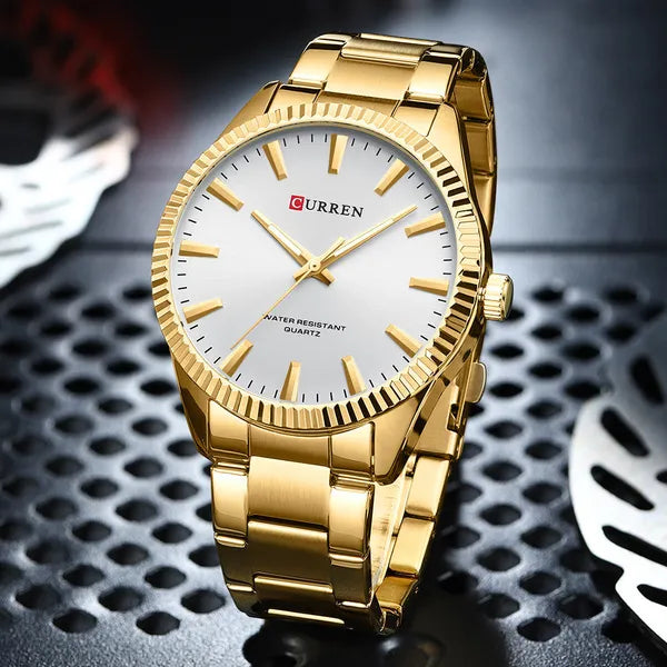 Curren 8425 férfi karóra, 44 mm, kvarc, arany tok/szíj, ezüst számlap, doboz