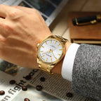 Curren 8425 férfi karóra, 44 mm, kvarc, arany tok/szíj, ezüst számlap, doboz