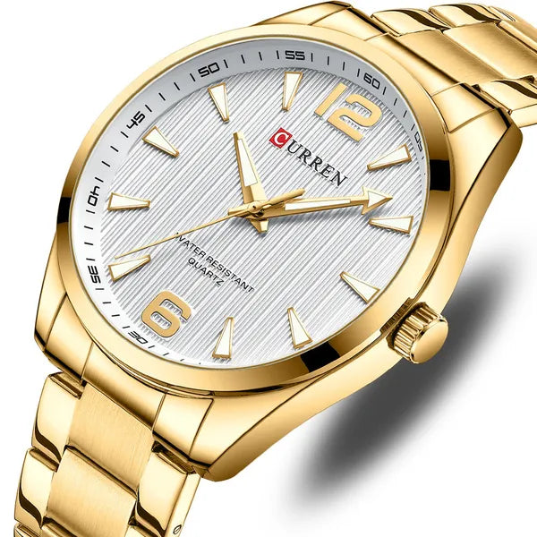 Curren 8434 férfi kvarc karóra, 44 mm, arany acélszíj, ezüst számlap, doboz