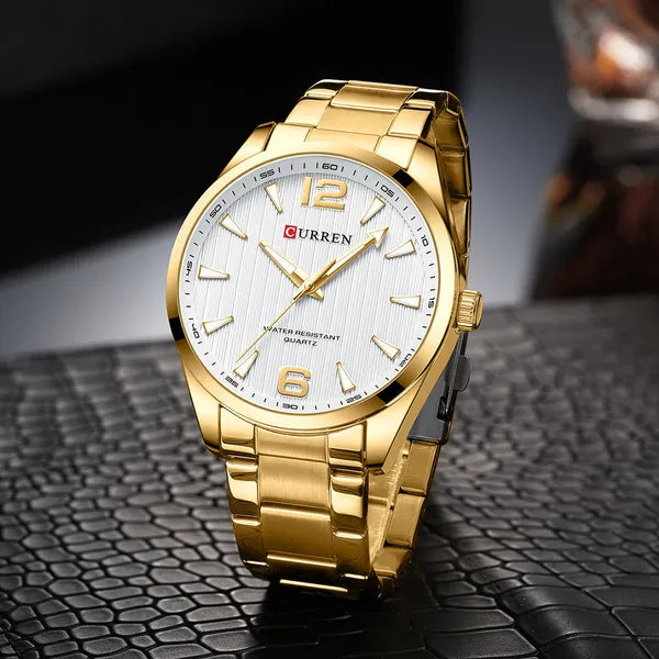 Curren 8434 férfi kvarc karóra, 44 mm, arany acélszíj, ezüst számlap, doboz