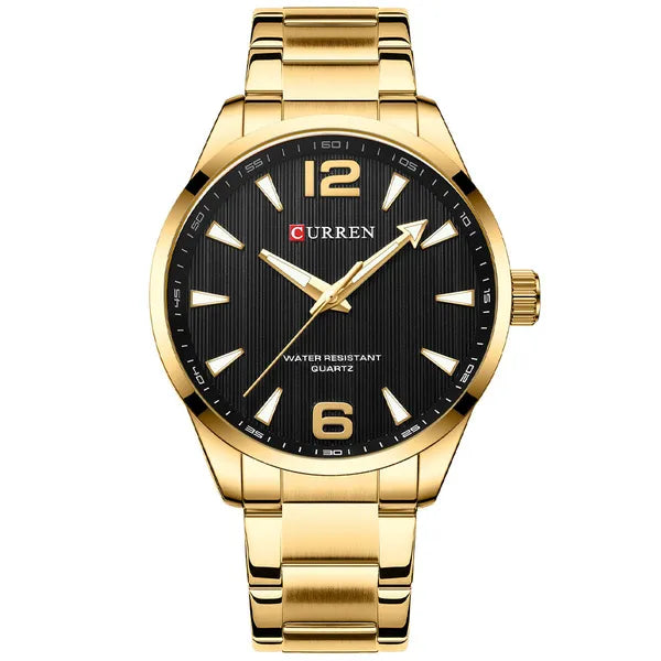 Curren 8434 férfi karóra, kvarc, 44 mm, fekete számlap, arany szíj, WR30