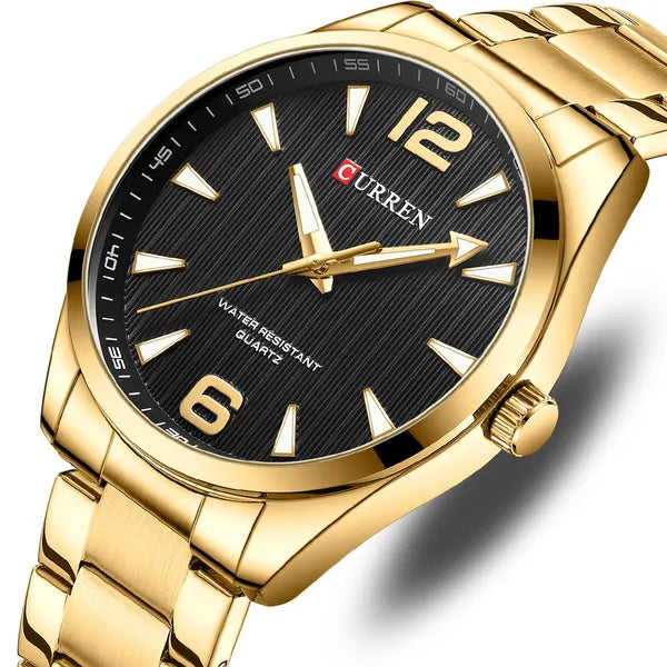 Curren 8434 férfi karóra, kvarc, 44 mm, fekete számlap, arany szíj, WR30