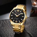 Curren 8434 férfi karóra, kvarc, 44 mm, fekete számlap, arany szíj, WR30