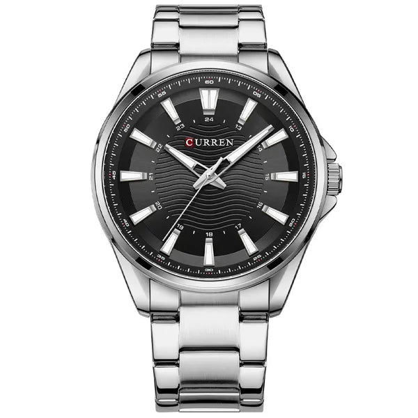 Curren 8424 férfi karóra, kvarc, 44 mm, fekete számlap, ezüst fém szíj, WR30