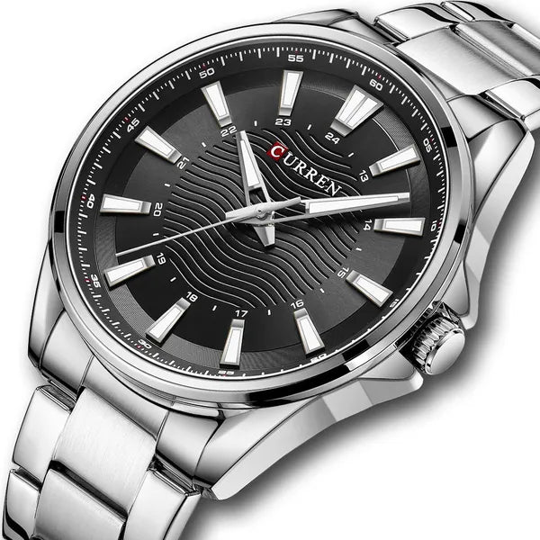 Curren 8424 férfi karóra, kvarc, 44 mm, fekete számlap, ezüst fém szíj, WR30