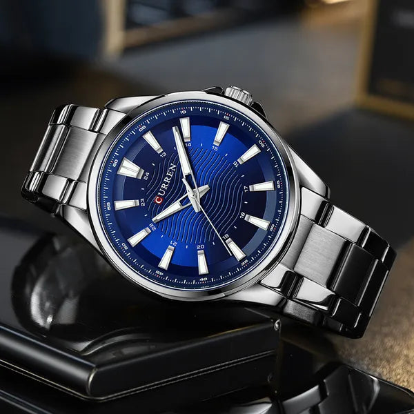 Curren 8424 férfi karóra, kvarc, ezüst szíj, kék számlap, 44mm, WR30, díszdoboz
