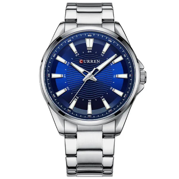 Curren 8424 férfi karóra, kvarc, ezüst szíj, kék számlap, 44mm, WR30, díszdoboz