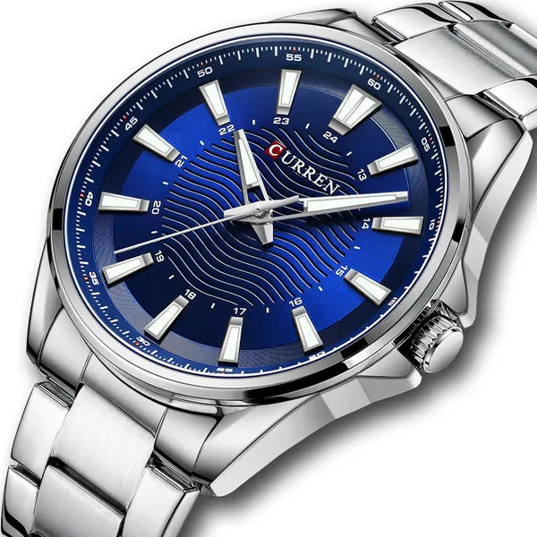 Curren 8424 férfi karóra, kvarc, ezüst szíj, kék számlap, 44mm, WR30, díszdoboz