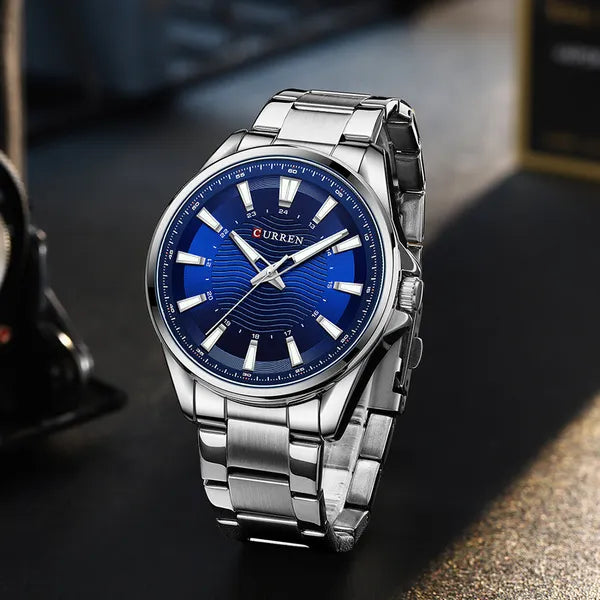 Curren 8424 férfi karóra, kvarc, ezüst szíj, kék számlap, 44mm, WR30, díszdoboz
