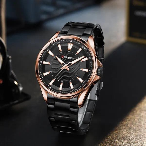 Curren 8424 férfi kvarc karóra, 44 mm, fekete számlap, rózsaarany tok, fémszíj