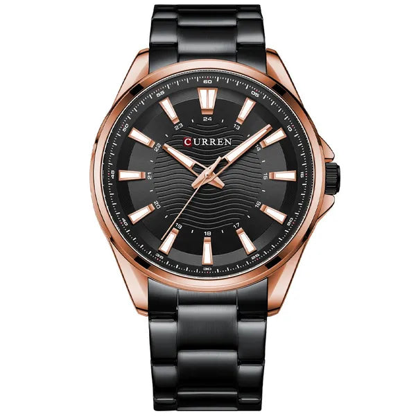 Curren 8424 férfi kvarc karóra, 44 mm, fekete számlap, rózsaarany tok, fémszíj