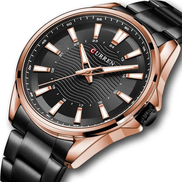 Curren 8424 férfi kvarc karóra, 44 mm, fekete számlap, rózsaarany tok, fémszíj