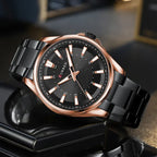 Curren 8424 férfi kvarc karóra, 44 mm, fekete számlap, rózsaarany tok, fémszíj