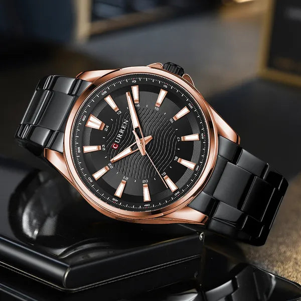 Curren 8424 férfi kvarc karóra, 44 mm, fekete számlap, rózsaarany tok, fémszíj