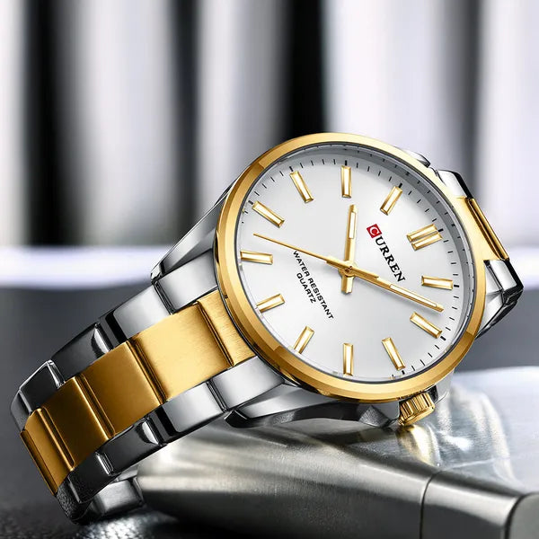 Curren 9090G férfi karóra, kvarc, 44 mm, ezüst/arany, fém szíj, WR30