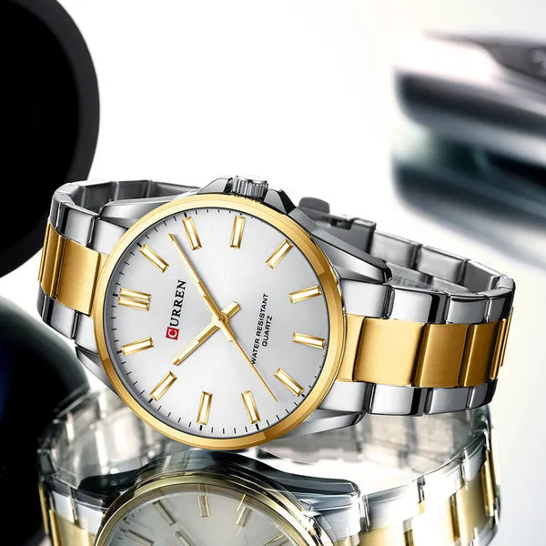 Curren 9090G férfi karóra, kvarc, 44 mm, ezüst/arany, fém szíj, WR30