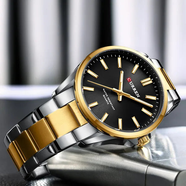 Curren 9090G férfi kvarc karóra, 44 mm, fekete számlap, arany/ezüst szíj, WR30