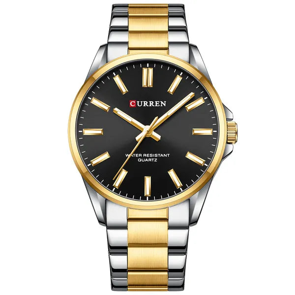 Curren 9090G férfi kvarc karóra, 44 mm, fekete számlap, arany/ezüst szíj, WR30