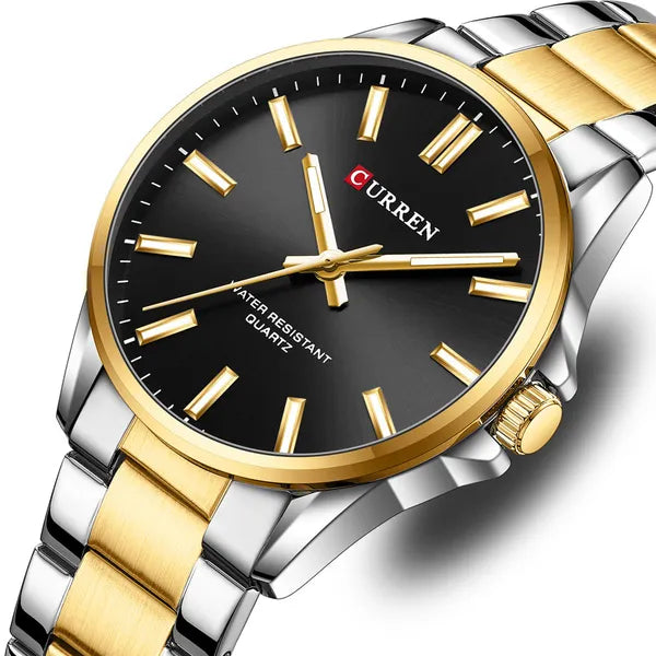 Curren 9090G férfi kvarc karóra, 44 mm, fekete számlap, arany/ezüst szíj, WR30