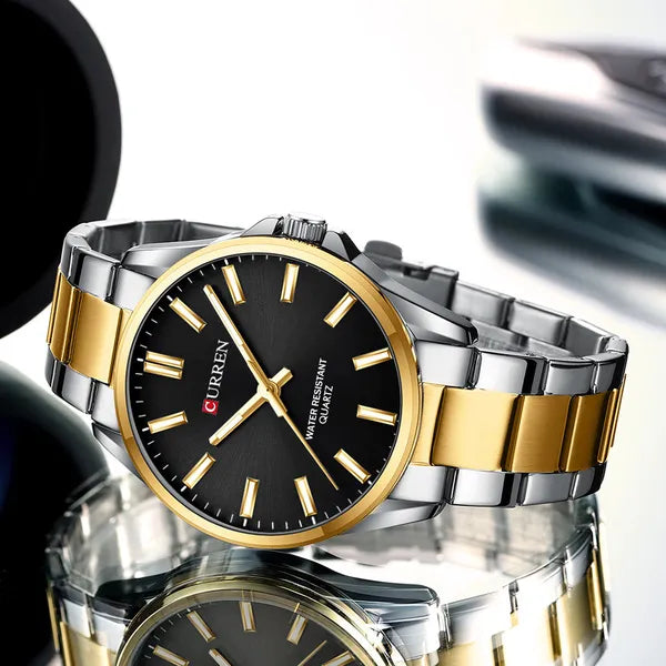 Curren 9090G férfi kvarc karóra, 44 mm, fekete számlap, arany/ezüst szíj, WR30