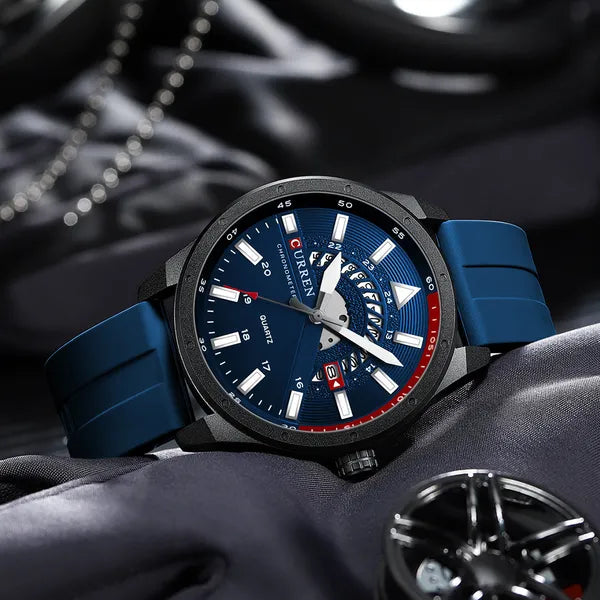 Curren 8421 férfi kvarc karóra, 46 mm, kék számlap, szilikon szíj, díszdobozzal