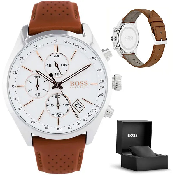 HUGO BOSS 1513475 Grand Prix férfi kronográf kvarc óra, 44 mm, barna bőr