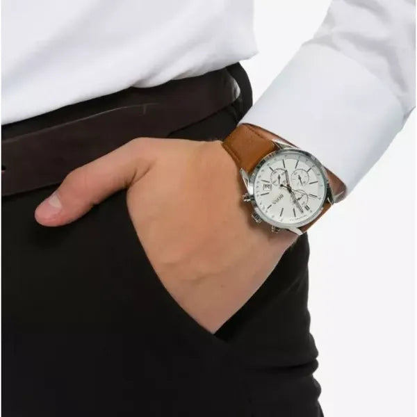HUGO BOSS 1513475 Grand Prix férfi kronográf kvarc óra, 44 mm, barna bőr