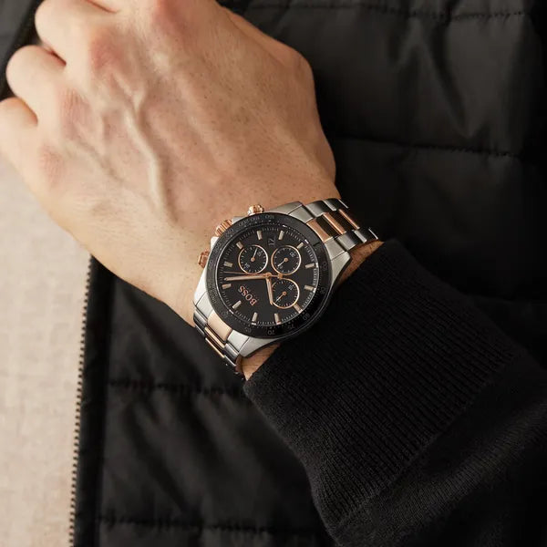 Hugo Boss Hero férfi kronográf karóra, kvarc, ezüst/rózsaarany acél, 43 mm